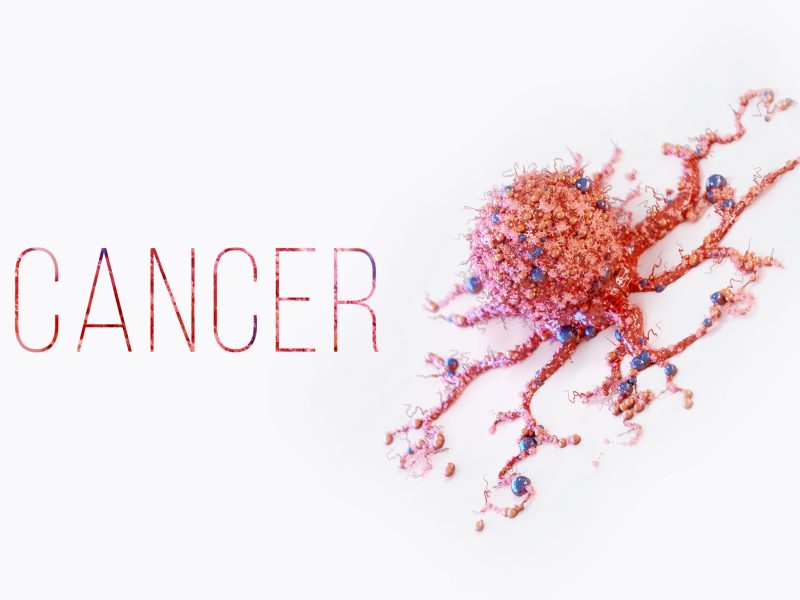 Cancer cell, tumor with metastasis isolated on white background. Concept of health care, medicine, biology, microbiology, science. 3D render, 3D illustration, copy space