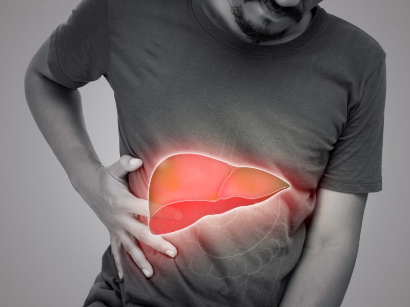 The illustration of liver is on the man's body against gray background. A men with hepatitis and fatty liver problem.
